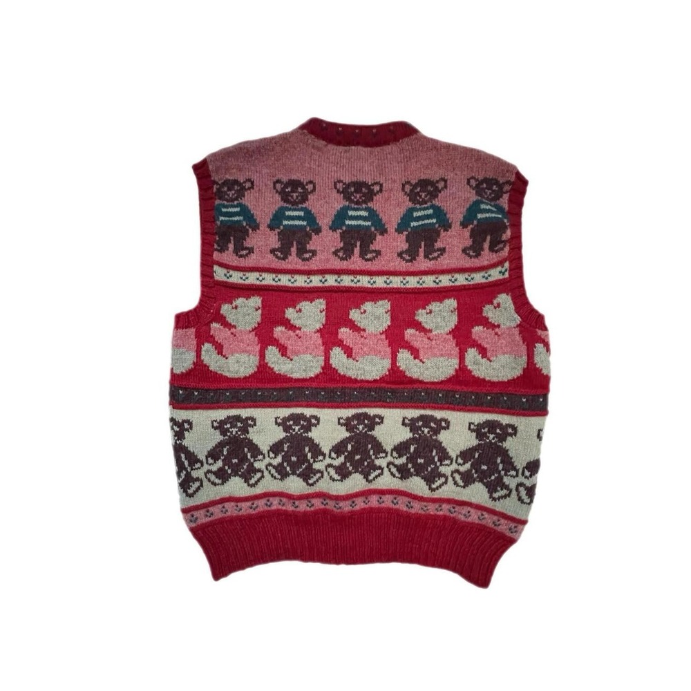 Blueberry Woolens Cardigan Vest Red Teddy Bear Knit Wool Vintage Medium - Picture 3 of 6